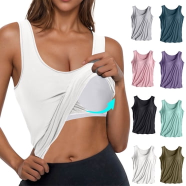 Eiyaclvo Womens Tank Tops with Built in Bras Casual Soft Sleeveless Camisole Top Solid U Neck Tank Shirts Basic Workout Yoga Undershirts