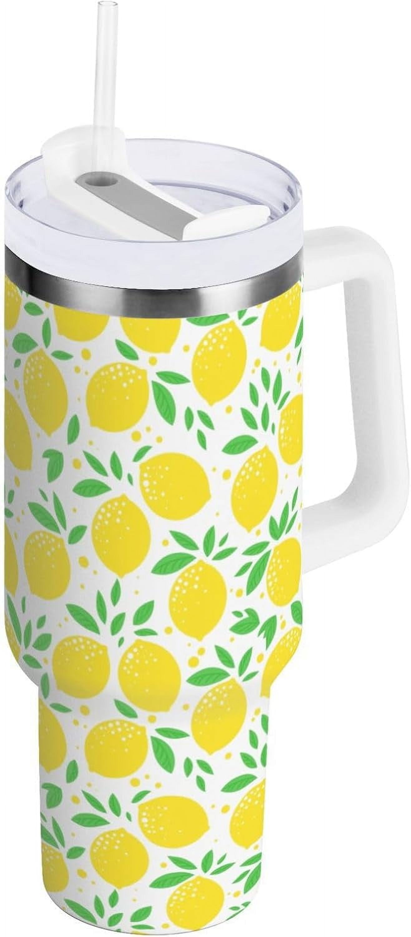 Gobelet de 30 oz avec Poignée, Couvercle et Paille, Gobelet d'Eau Isolé, Tasse d'Eau en Acier Inoxydable, Tasse Bouteille Réutilisable, Compatible avec Porte-Gobelet, Citron Jaune