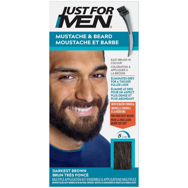 Just for Men Mustache & Beard Darkest Brown hair color kit featuring a brush applicator and darkest brown color swatch, designed to quickly cover gray facial hair in 5 minutes for a fuller, thicker beard look while conditioning coarse facial hair.