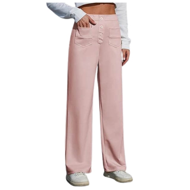 Women's Work Pants - High Elastic Waisted Trousers - Straight Wide Leg Button Down Casual Pants
