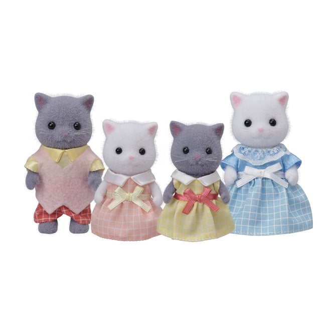 Calico Critters Famille de Chats Persans, Ensemble de 4 Figurines de Poupées Miniatures de Collection Incluant Deux Chats Adultes et Deux Chats Plus Petits Vêtus de Tenues pastel à Carreaux avec Nœuds, Fabriqué en Matériau Floqué Doux avec Bras, Jambes et Têtes Rotatives, Idéal pour le Jeu Imaginatif avec Maisons de Poupées et Accessoires.
