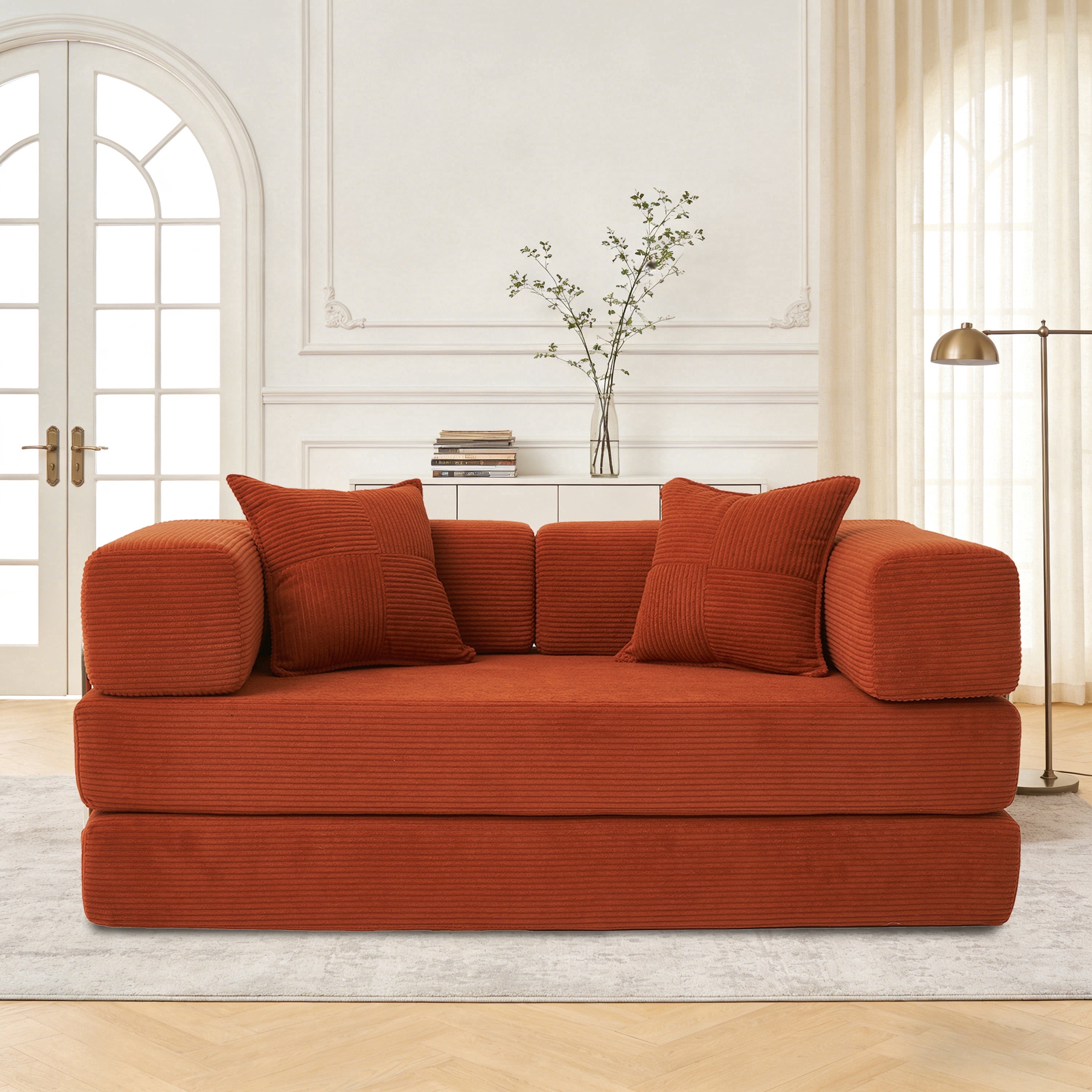 5-in-1 Folding Convertible Sofa Bed,63 Inch Oversized Corduroy Upholstered Boneless Couch, Love seat Sleeper With Pull Out Bed, Floor Sofa Modular Futon Couch For Small Apartment,Living Room Bedroom