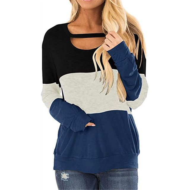Women's Long Sleeve Tunics Color Block Cutout Sweatshirt Loose Fit Tops
