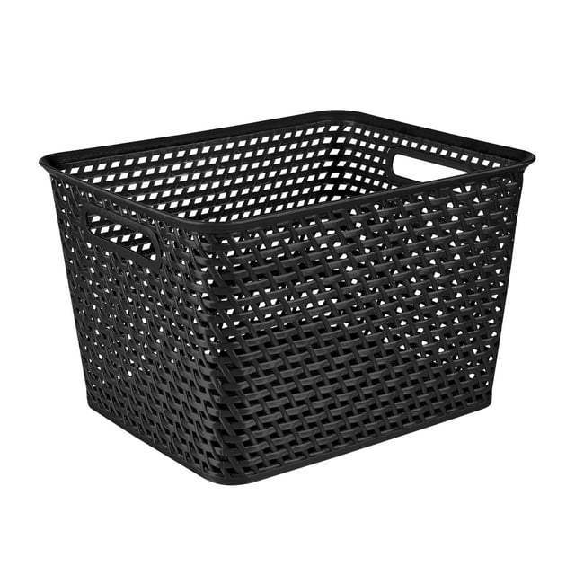Mia Panier, Grand, un Panier de Rangement Décoratif en Résine Noire avec texture Tissée et Forme Rectangulaire, Doté de Poignées Intégrées pour un Transport Facile, Idéal pour Organiser Toute Pièce Ou Étagères Ouvertes, et Souvent Utilisé comme Rangement Stylé pour des Articles Ménagers.