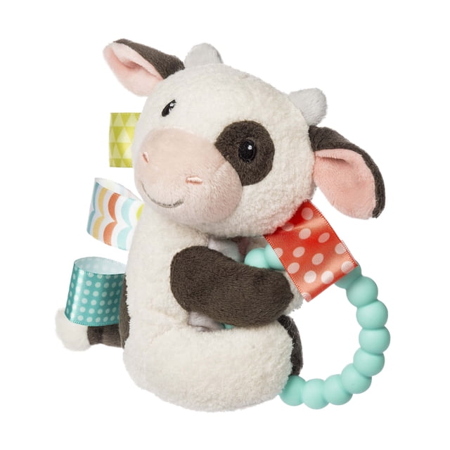 Mary Meyer Taggies Hochet de Dentition Rattle Buttercup Cow Mettant en Vedette une Vache en Peluche Noire et Crème avec un Tissu Texturé Doux et des Rubans Tactiles Colorés Taggies. la Vache Tient un Anneau de Dentition Perlé Turquoise, Idéal pour le Jeu Sensoriel et l'Inconfort Apaisant de Dentition. Convient comme Bébé Rattle pour l'Apprentissage Précoce et le Jeu.