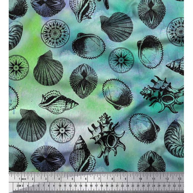 Soimoi Rayon Fabric Direction Compass & Seashell Ocean Decor Fabric Printed Yard 56 Inch Wide