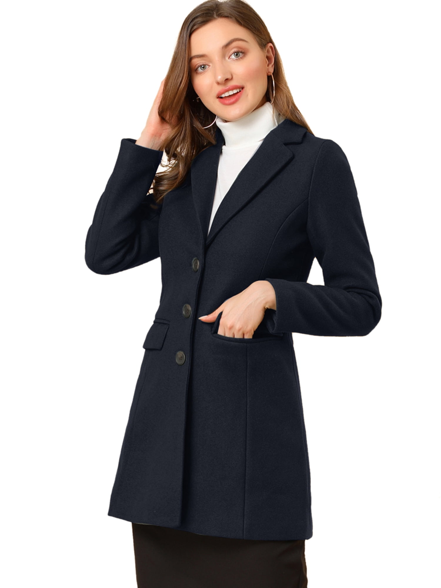 INSPIRE CHIC Manteau d'Hiver pour Femme à Revers Cranté, Simple Boutonnage, Manches Longues, Bleu Foncé, S