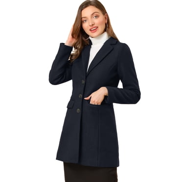 INSPIRE CHIC Manteau d'Hiver pour Femme à Revers Cranté, Simple Boutonnage, Manches Longues, Bleu Foncé, L