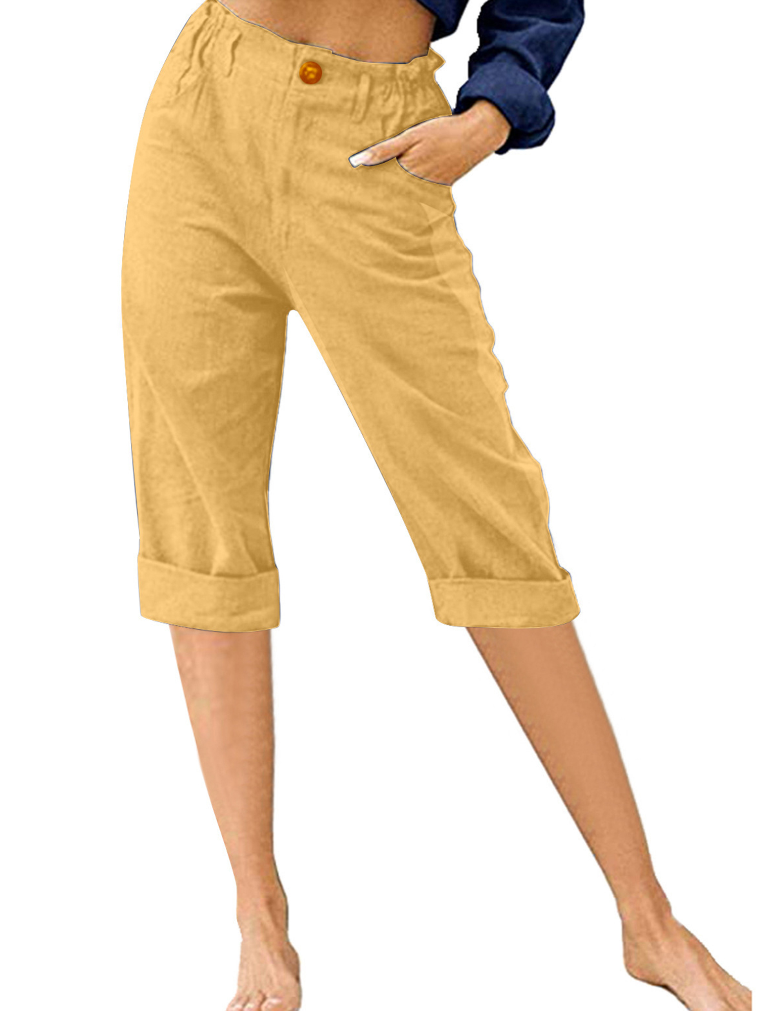 Innerwin Cropped Pant High Waist Women Capri Pants Beach Button Lounge Capris Yellow 3XL