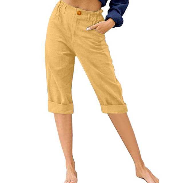 Innerwin Cropped Pant High Waist Women Capri Pants Beach Button Lounge Capris Yellow S