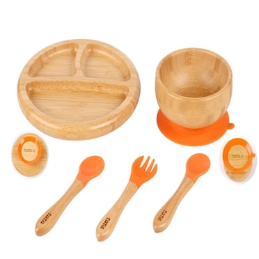 ® Baby Bamboo Plate and Bowl Set with Spoons and Fork  Silicone Suction Plate and Bowl Set for Toddlers - Baby Led Weaning Bamboo Feeding Set - BPA Free