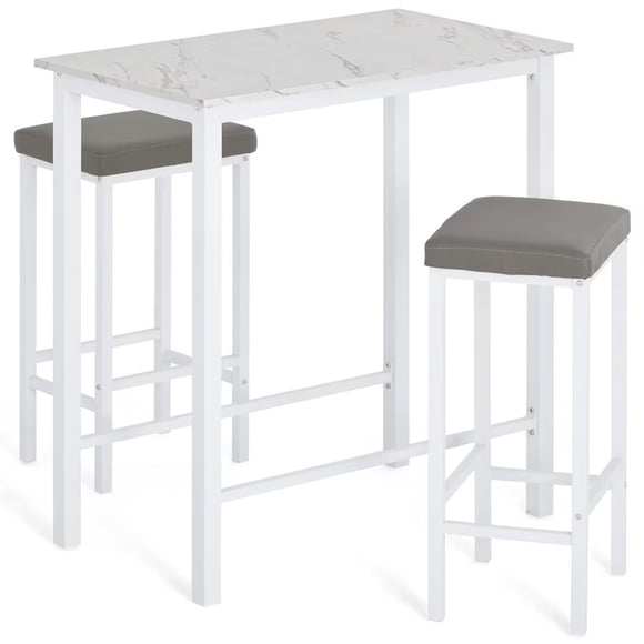HOMOOI Ensemble de Table et Chaises de Bar pour 2, Ensemble de Table de Salle à Manger Hauteur Comptoir de Pub, Ensemble de Table de Cuisine 3 Pcs en Faux Marbre Blanc avec 2 Tabourets Sans Dossier, Coin-Déjeuner pour Petit Espace, Appartement