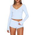 thumbnail image 1 of xiaxaixu Women's Summer Ribbed Loungewear Set, Solid Color Long Sleeve V-Neck Button Front Cropped Tops + Shorts 2 Pieces Sleepwear, 1 of 6
