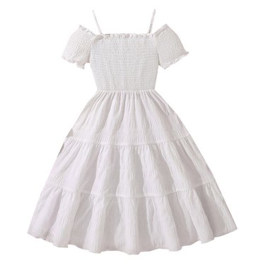 FhsagQ Robes Tout-Petits Petites Filles Été Manches Bouffantes Robe Princesse avec Broderie Florale Garniture Contrastante Robe de Fête pour Anniversaires Plage Blanc 10-11 Ans