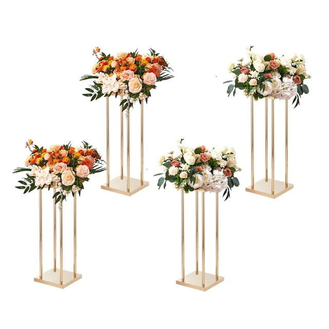VEVOR 4PCS gold metal column wedding flower stands, each 23.6 inches high, featuring a cylindrical geometric design with French gold electroplating. These iron floral display racks are shown adorned with vibrant flower arrangements, ideal for events, receptions, and party decorations. The stands have a stable cube structure and tool-free assembly, making them suitable for various settings, including weddings and home decor.
