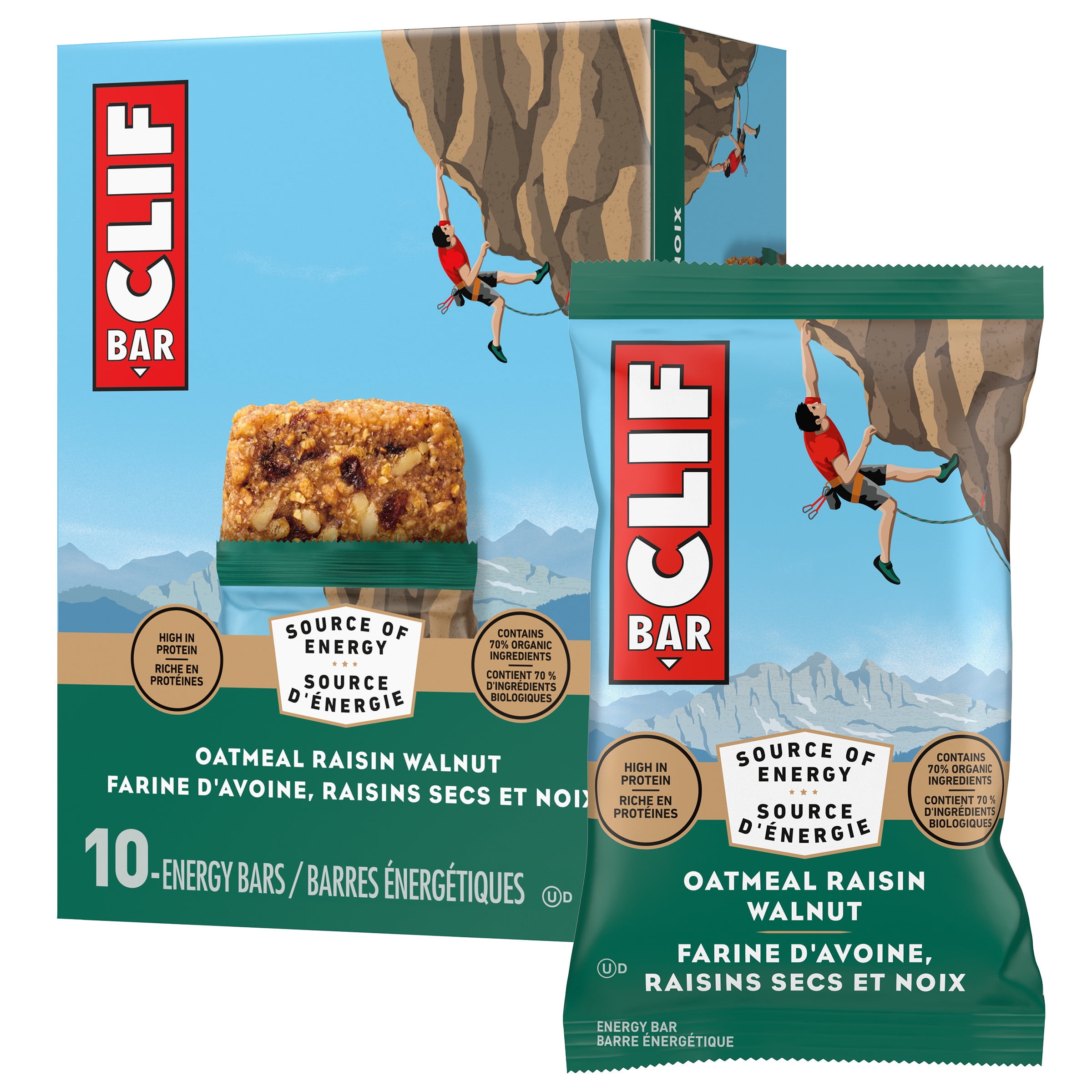 CLIF BAR Energy Bars, Oatmeal Raisin Walnut, Granola Bar, High in Protein, Contains 70% Organic Ingredients Box of 10 Bars