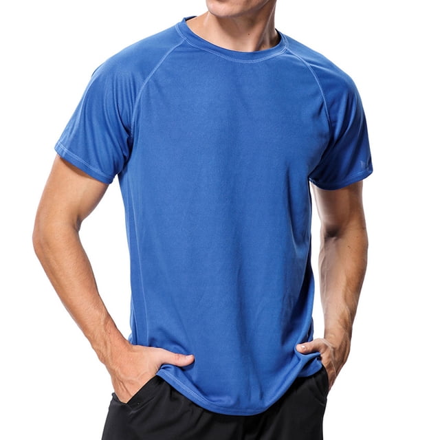 Swim Shirts Rash Guard Sun Protection T-Shirt in blue, made of lightweight, breathable polyester fabric. Features a tag-free collar, flat lock seams for comfort, and quick-dry properties. Suitable for various activities like swimming, kayaking, surfing, and beach volleyball. Available in sizes L, XL, and 2XL.
