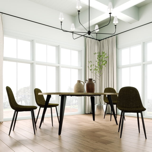 Homy Casa Modern Rectangular 5-Piece Dining Set with a 63-inch faux wood live edge table and black powder-coated metal legs, paired with four armless dark olive upholstered chairs featuring scooped ergonomic backs and stain-resistant fabric, set in a bright dining room with floor-to-ceiling windows, beige curtains, light hardwood floors, and a black multi-arm chandelier, ideal for family meals and casual gatherings.
