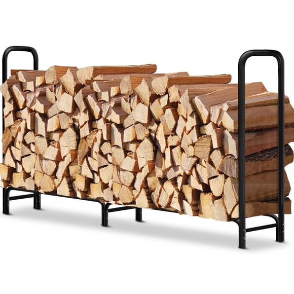 Amagabeli Support de Bûches de Bois d'Extérieur de 8 Pi pour Foyer, Support de Rangement Robuste pour Piquet de Bois de Chauffage pour Patio et Terrasse, Support de Bûches en Métal, Empileur Tubulaire en Acier, Accessoires d'Outils pour l'Extérieur, Noir