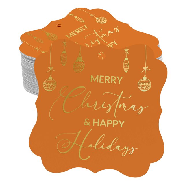 Inkdotpot Pack Of 100 Merry Christmas & Happy Text Paper Tags DIY Craft Bracket Shape Real Gold Foil Hang Tags