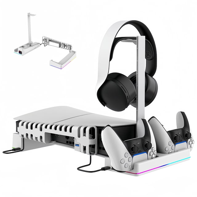 RGB Horizontal Cooling Station Stand for PS5 Slim Console with 2 Controller Charger, Auto Silent Cooling Fan for PlayStation 5 Slim Disc/Digital Edition with 14 Light Modes and Headset Holder