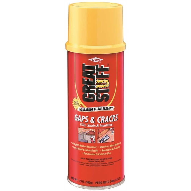 DOW CHEMICAL 157901 Great Stuff Mousse en Aérosol Expansible Sealant, 12 oz, en Canette Aérosol Rouge et Jaune avec Capuchon Jaune. l'Étiquette Met l'Accent sur Sa Capacité à Combler, Sceller et Isoler les Interstices et les Fissures. Conçue pour une Utilisation Intérieure et Extérieure, Elle Est Hermétique, Résistante à l'Eau et Se Lie à Divers Matériaux. la Canette Note Aussi Qu'Elle Est Ponçable et Peignable, avec des illustrations de Ses applications.