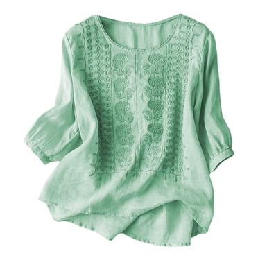 Lixiuxyad Women's Neck Floral Embroidered T Shirt Casual Summer Top For Daily Wear With Pure Color Design Green XXXL