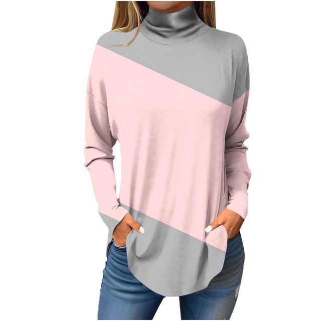 FAIWAD Tunique à Col Roulé pour Femmes Manches Longues Chandail à Blocs de Couleur Décontracté Ample Tendance