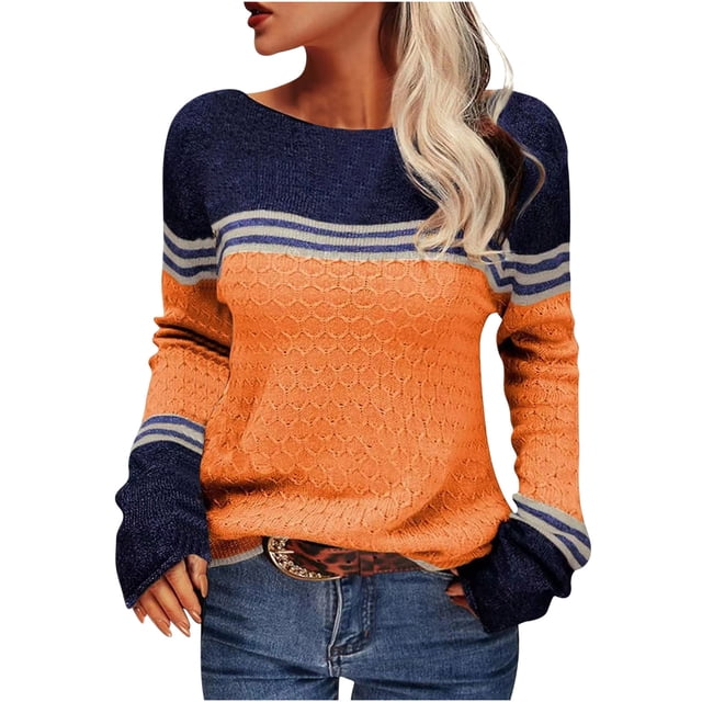 VgaVtl Womens Plus Size Sweaters Long Sleeve Fall Sweaters in orange and navy blue with a loose striped knitted color block design. The sweater features a crew neck, long sleeves, and a textured knit pattern, ideal for casual or dressy occasions during fall and winter.