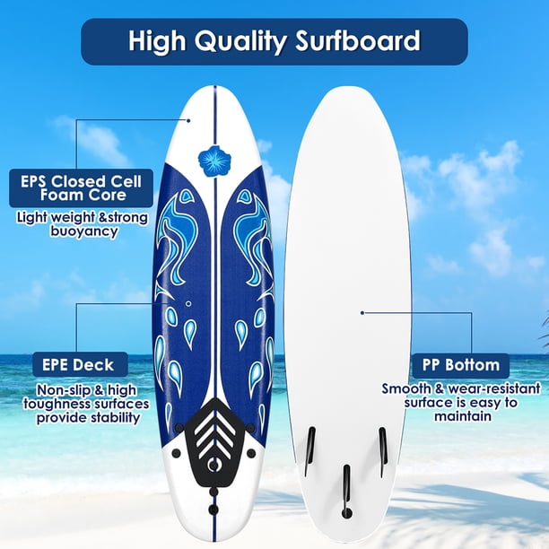 Costway 6' Surfboard Foamie Body Surfing Board W/3 Fins & Leash