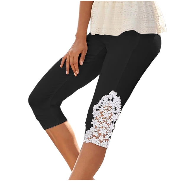 XZNGL Casual Solid Color Lace Trim 3/4 Pants for Women, Stretchy