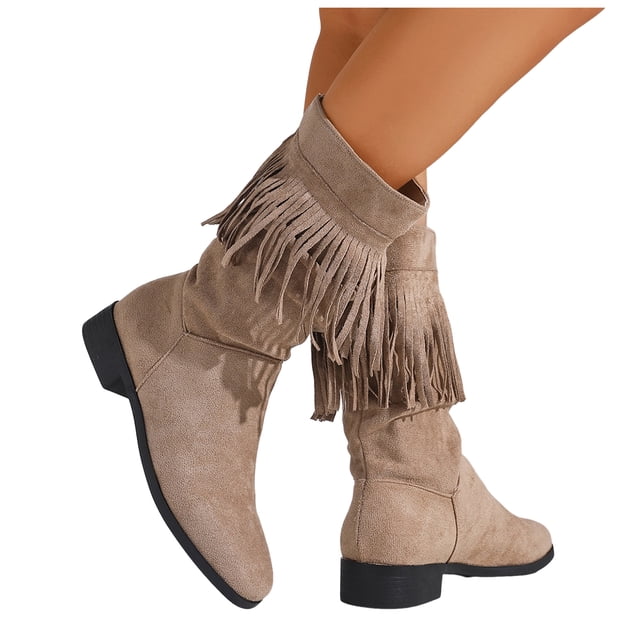 Bottes Mi-Mollet à Franges pour Femmes Boho en Suède à Talon Bas Épais Longues à Pampilles Bottes Hautes d'Hiver Automne