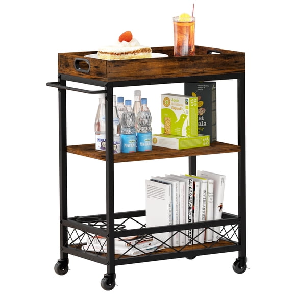 3-Tier Rustic Brown Bar Cart with Removable Tray - Wine Rack & Storage Shelves - Mobile Utility Trolley on Wheels for Home, Kitchen, Dining Room, Parties, Coffee & Drinks - Vintage Dining Car