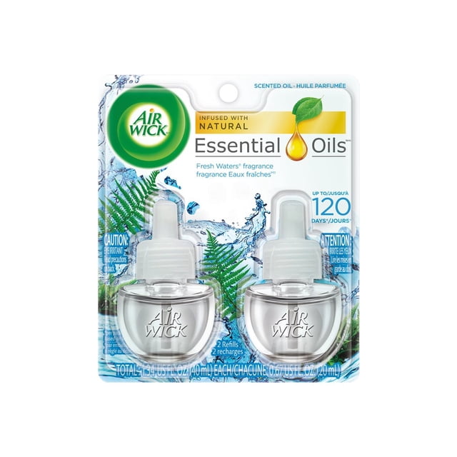 AW FRESH WAT 0+10 Air Wick Recharges d'Huiles Essentielles Assainisseur d'Air avec Parfum d'Eau Fraîche, Deux Bouteilles de Recharge Transparentes avec Capuchons Blancs en blister Décorées de Fougères Vertes et d'Éclaboussures d'Eau, Durée jusqu'à 120 Jours.