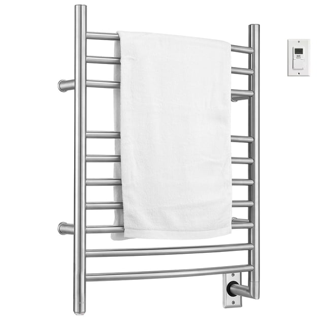 Ancona Comfort Chauffe-Serviettes Électrique Filaire Mural à 10 Barres en Acier Inoxydable Brossé, Doté d'Un design Mural Élégant avec 10 Barres Horizontales. Comprend une Minuterie Murale Numérique programmable 24 Heures/7 Jours et un Interrupteur Marche/arrêt Protégé contre l'Humidité. Fabriqué en Acier Inoxydable 304 avec une Finition Brossée, Atteint la Température Idéale en 15 minutes. Conçu pour la Sécurité et l'Efficacité Énergétique avec une Alimentation Électrique à Doublure Sèche, Fonctionnant à 120 volts, 150 watts et 60 Hz. Illustré avec