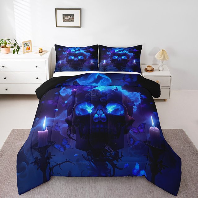 Gothi Sugar Skull Down Comforter Smog Skeleton Comforter Set King,Extoic Butterfly Painting Bedding Set Kids Goth Bone Quilt Set,Blue