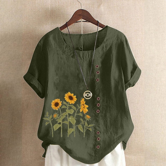 SMihono Hauts d'Été Décontractés pour Femmes, Chemise Ample à Manches Courtes et Col Rond avec Imprimé Floral, Grande Taille
