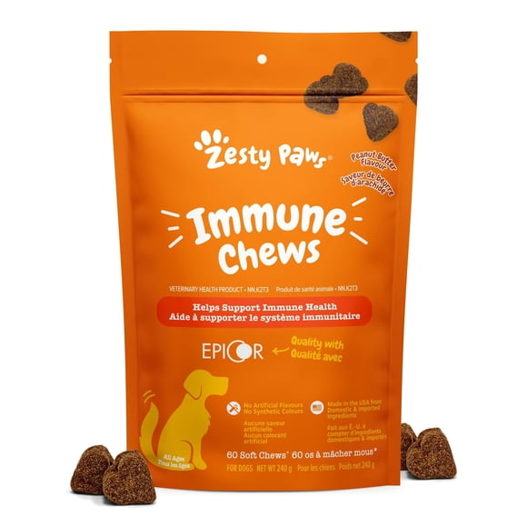 Zesty Paws Immune Chews Peanut Butter Flavour Daily Soft Chews Dog Supplement, 60 count