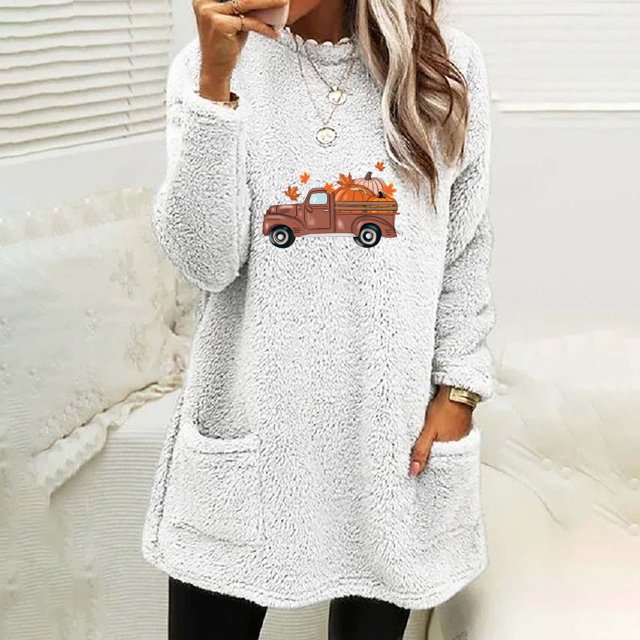 Halloween Shirts pour Femmes Col Rond et Hiver Ample Imprimé Poche Chaud Manches Longues Blouse Tops Tops pour Femmes en Liquidation