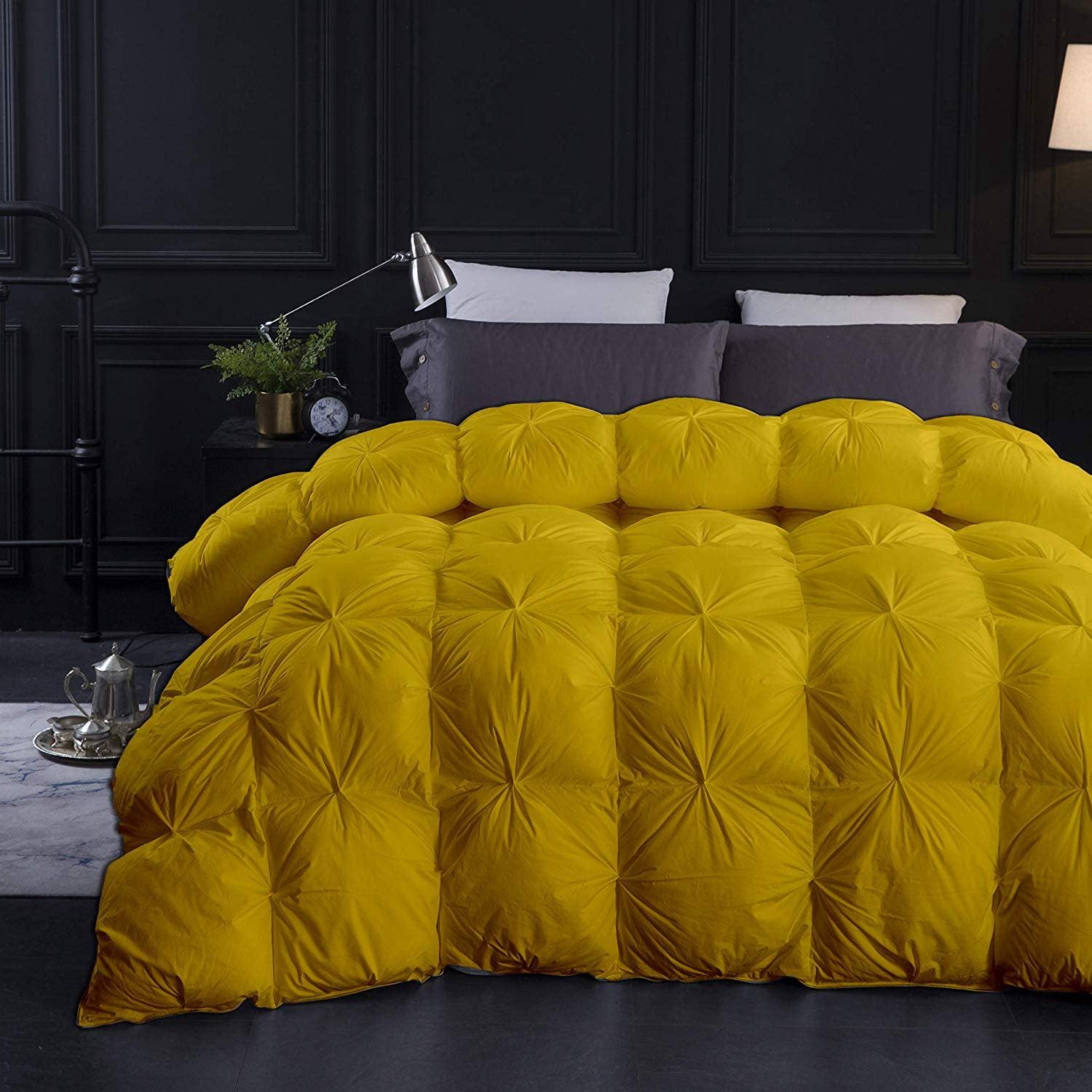 Gold All Season Down Pin-Tuck Comforter- Eastern King Size 118 x 110 Inches 1 pc Pinch Pleated Comforter 600 GSM & 4-Corner Tab's 100% Egyptian Cotton- Gold Solid