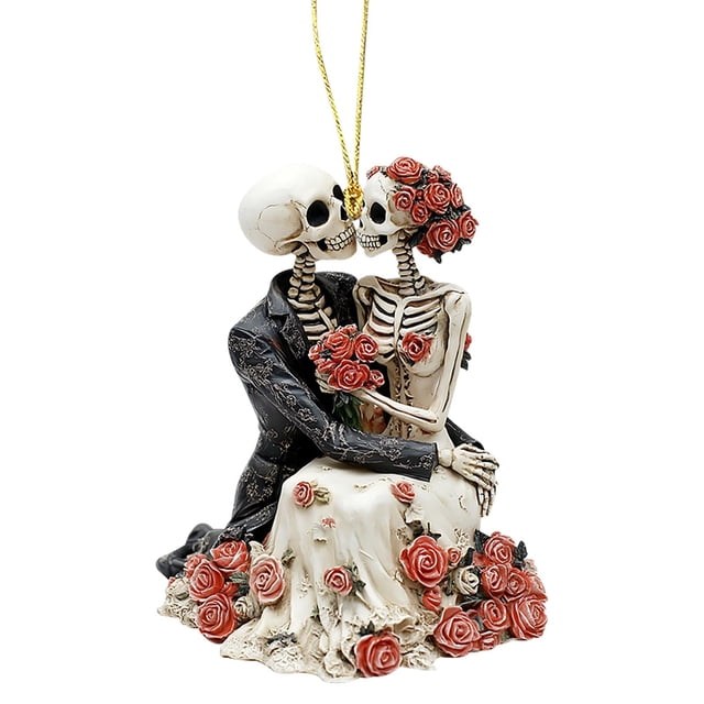 Hanging Car Accessories, Skull Car Accessories Skeleton Couple Pendant Keychain featuring a detailed skeleton couple in a romantic pose, adorned with red roses and crafted with intricate details. This versatile keychain doubles as a car accessory or a decorative backpack pendant, ideal for couples who appreciate quirky and memorable designs. Made from durable materials, it is suitable for gifting on occasions like Valentine’s Day, anniversaries, or birthdays.