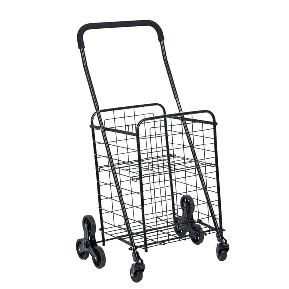 Mainstays Tri-Wheels Wire Stair Climber Shopping Cart, 1-Compartment Folding Grocery Cart, Metal Wire Construction, Adjustable Foam Handle