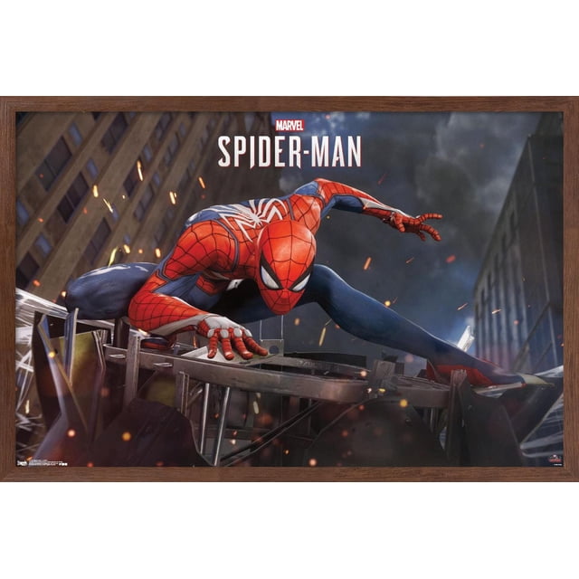 Marvel Comics - Spider-Man - Action Wall Poster, 22.375" x 34", depicting Spider-Man crouched on a metal structure with sparks flying, set against a dark cityscape with tall buildings and stormy clouds, framed in brown wood, suitable for bedroom, office, or dorm wall décor.