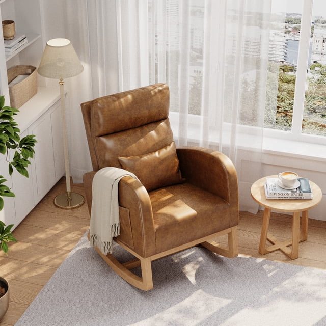 Modern Nursery Rocking Chair, PU Leather Upholstered Rocking Chair, Comfortable Rocker Recliner with Side Pocket, Rocker Glider for Living Room, Bedroom, Nursing Room, Brown