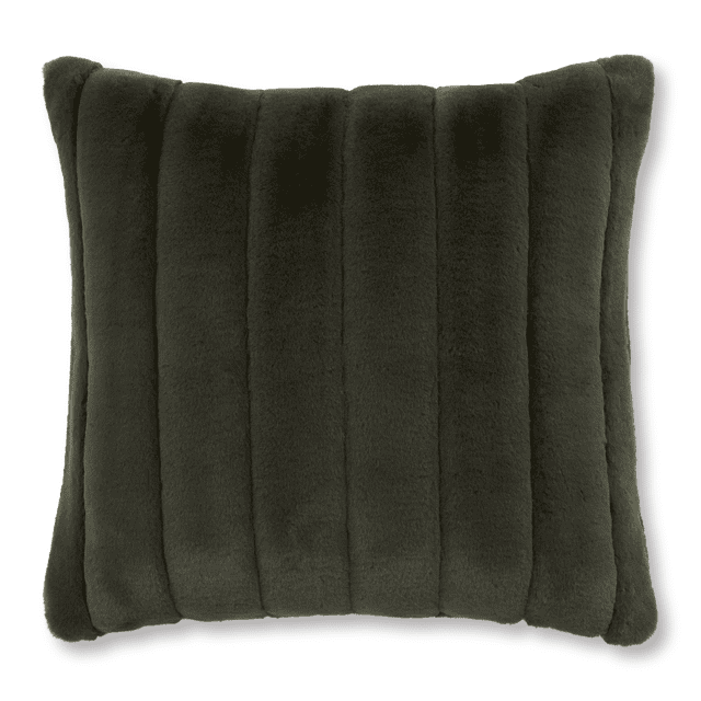 Bouclair Cougar Faux Fur Throw Pillow in green with a textured boucle faux fur surface and vertical channel stitching, lightweight and durable decorative pillow ideal for adding tactile softness to modern home décor.