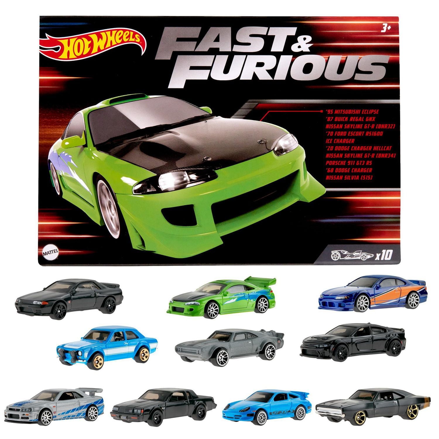 Hot Wheels Cars, Fast & Furious Themed 10-Pack of Vehicles