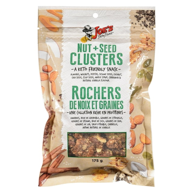Joe's Tasty Travels Nut + Seed Clusters keto-friendly snack bag containing almonds, walnuts, pepitas, sesame seeds, coconut, chia seeds, flax seeds, maple syrup, cinnamon, and natural vanilla flavour, 175g package with bilingual English and French text, ideal as a low-carb protein-rich trail mix alternative.