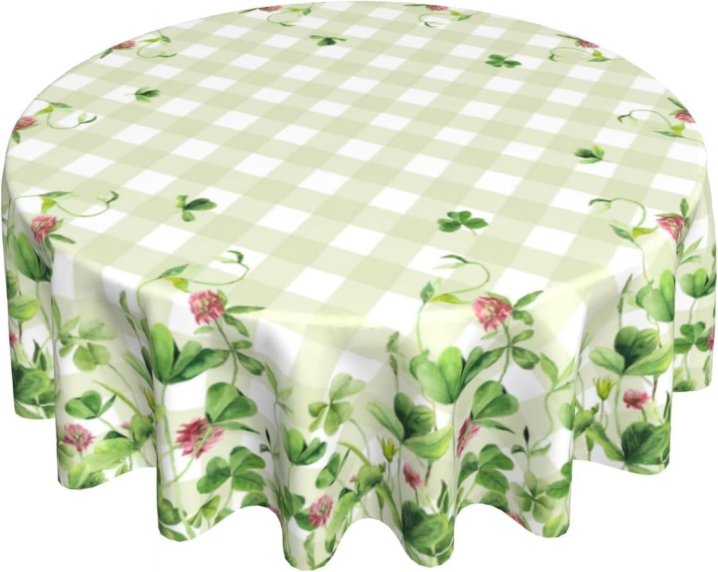 St. Patrick's Day Floral Tablecloth 60 Inch Round, Watercolor Clover Shamrock Flowers with Green Buffalo Plaids, Decorative Washable Table Cloth for Kitchen Dining Holiday Party