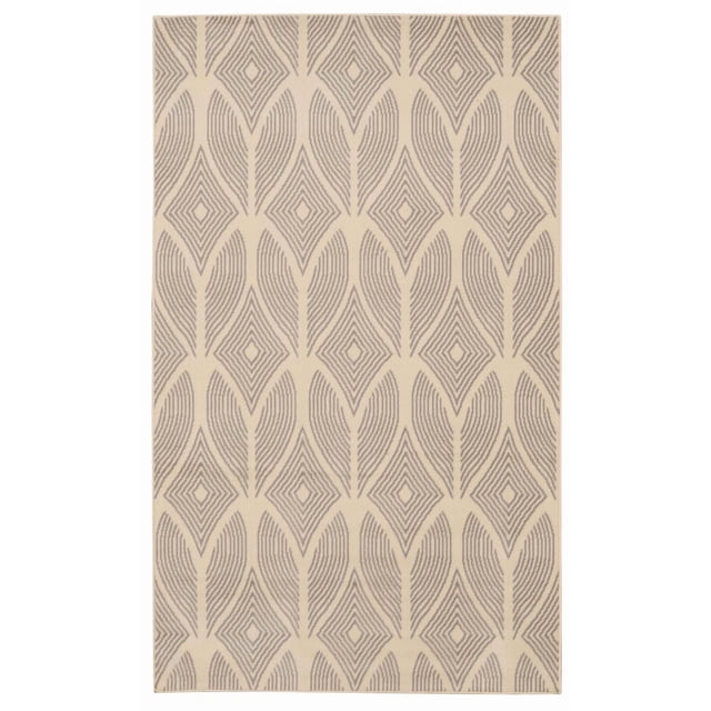Capri Henley Bone & Light Grey 4' 3" x 7' 3" area rug displaying a geometric pattern of concentric diamond and leaf shapes in light grey on a bone background, machine woven with flat cut pile polypropylene for durability and easy care, suitable for small rooms or defining spaces in larger rooms, often used as an accent rug to complement transitional style interiors.