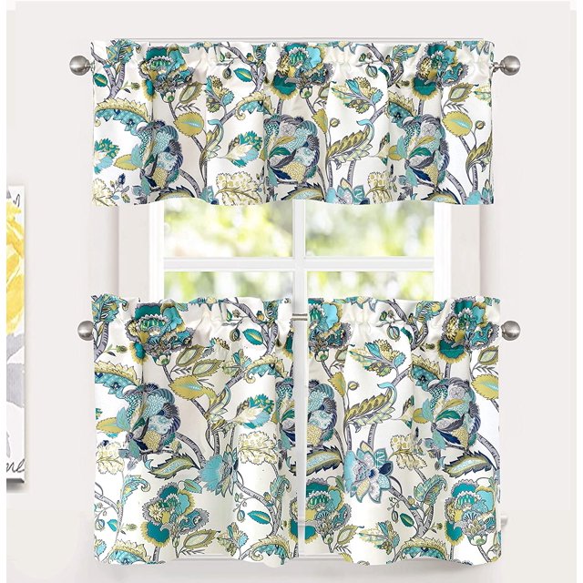 DriftAway Layla Classic America Style Floral Leaves Pattern Semi Sheer 3 Pieces Rod Pocket Kitchen Window Curtain